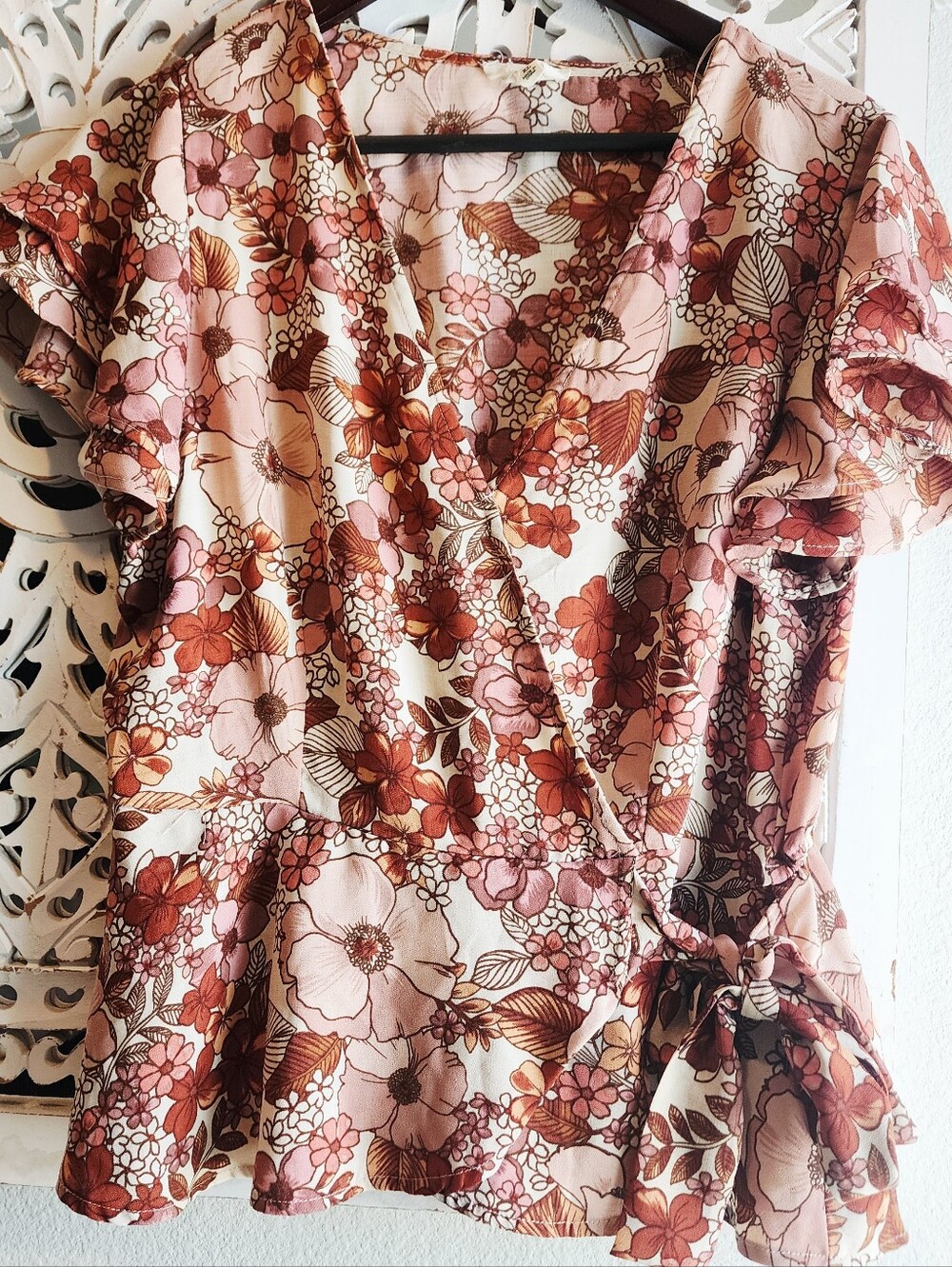 MERAKI FLORAL BLOUSE V NECK PEPLUM FAUX WRAP WOMENS SIZE XL - Picture 12 of 14